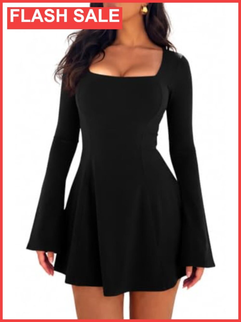 Womens Sexy Flare Long Sleeve Square Neck Bodycon Party Mini Dress